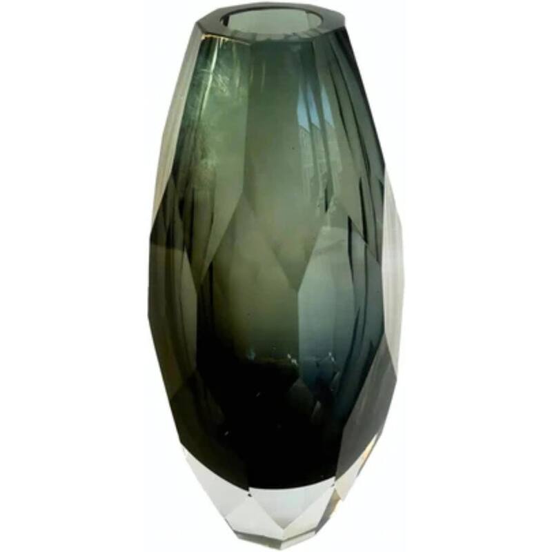 Smoky Gray Cut Glass Vase Art Deco Geometric Design Decor - Grey