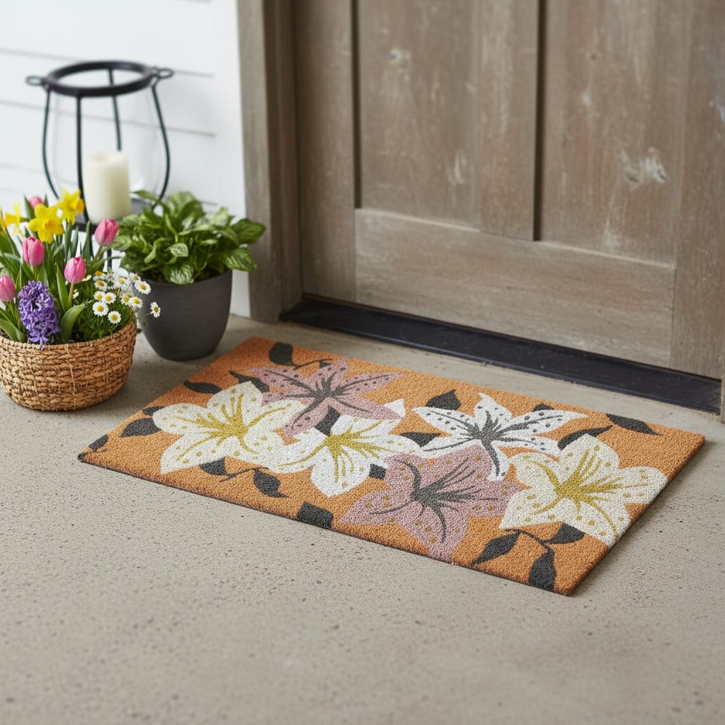 HomeRoots 24" X 36" Brown Purple And White Floral Outdoor Coir Door Mat - 24.00' X '36.00