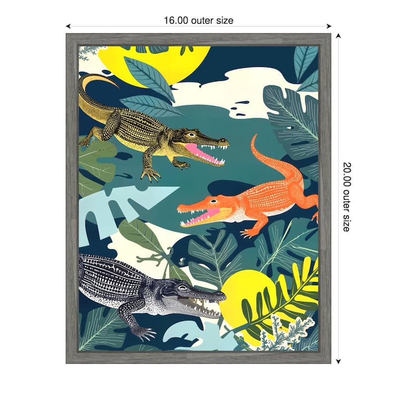 Three Crocodiles by Uma Gokhale Framed Canvas Wall Art - 16 x 20 in