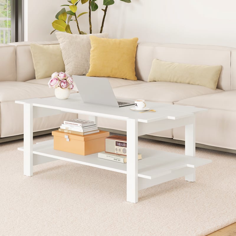 Contemporary Rectangular Coffee Table with Storage Shelf and Wooden Slatted Design for Home or Office - 45" x 23.5" x 18.5"