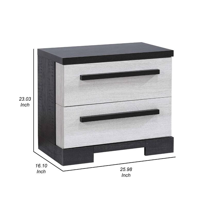 Ruthe Nightstand with 2 Drawers, Wide Top, Ebony Black, White Wood