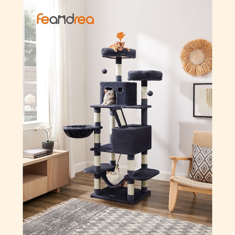 Cat Tree, 66.1-Inch Large Cat Tower with 13 Scratching Posts, 2 Perches, 2 Caves, Basket, Hammock, Pompoms