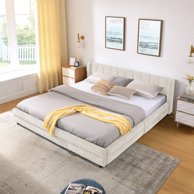 Thick Fabric Upholstered Bed Frame, Low Profile Storage Platform Bed with 4 Storage Drawers, Metal Legs and Wood Slat Support