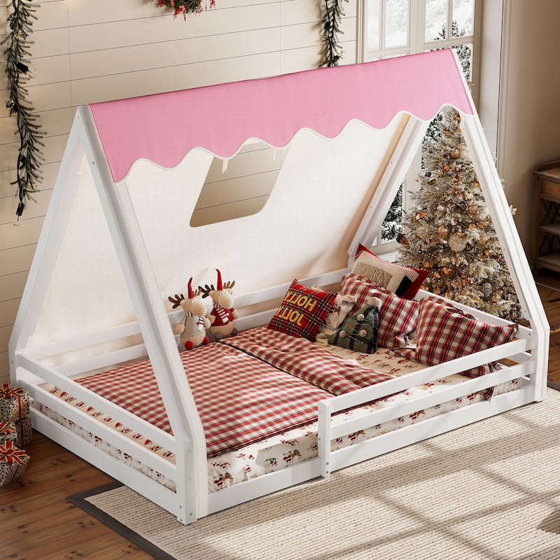 Teepee Montessori Bed for Toddlers, House-shaped Platform Bed Kids Playful Floor Bed with Tent, Sunroof and Light Strip