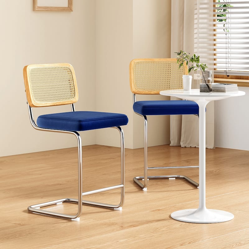 Counter Height Bar Stools Set of 2, Upholstered Velvet Barstools with Rattan Back, 24 inch Stools Armless Bar Chairs
