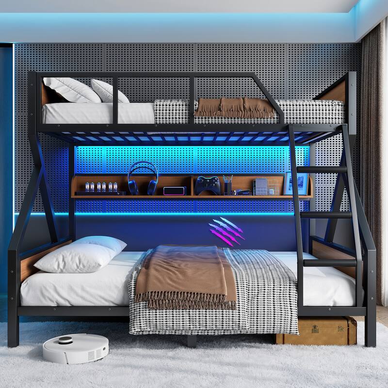 Full XL/Queen or Full+Storage Board/Queen Bunk Bed, Metal Bunk Bed with Storage Shelves and Lights