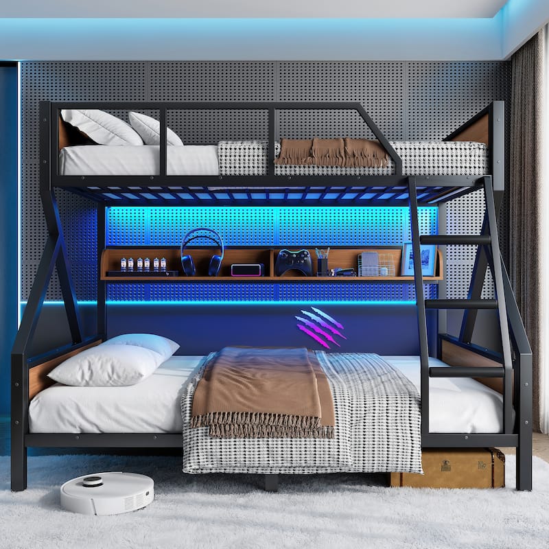 Queen over King/Queen over Full Metal Bunk Bed with Storage Shelves & Lights