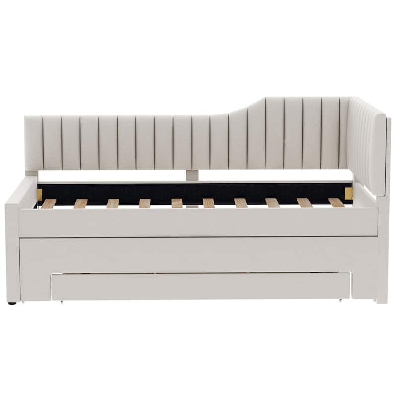 Twin Size Daybed Bed Frame with Linen Upholstered Backrest and Three Drawers, Pull-out Trundle Bed w/Slatted Support