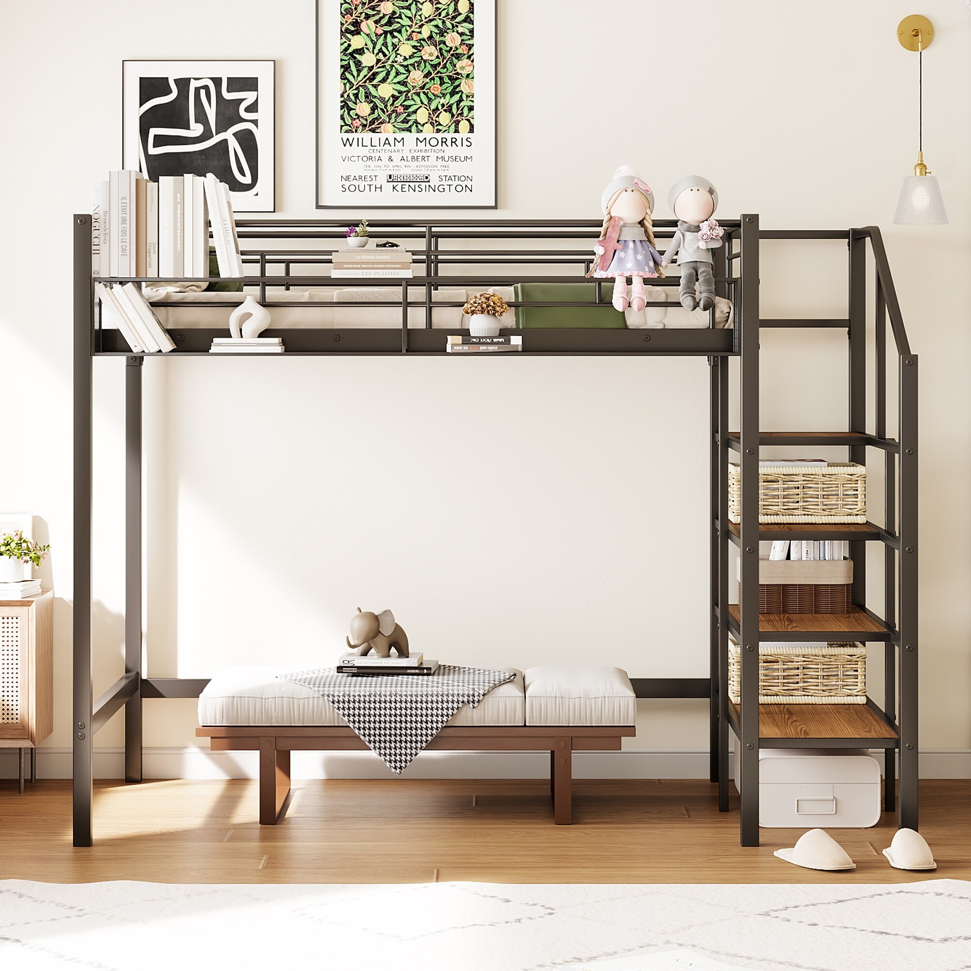 Twin Size Loft Bed with Upper Grid Storage Shelf and Lateral Storage