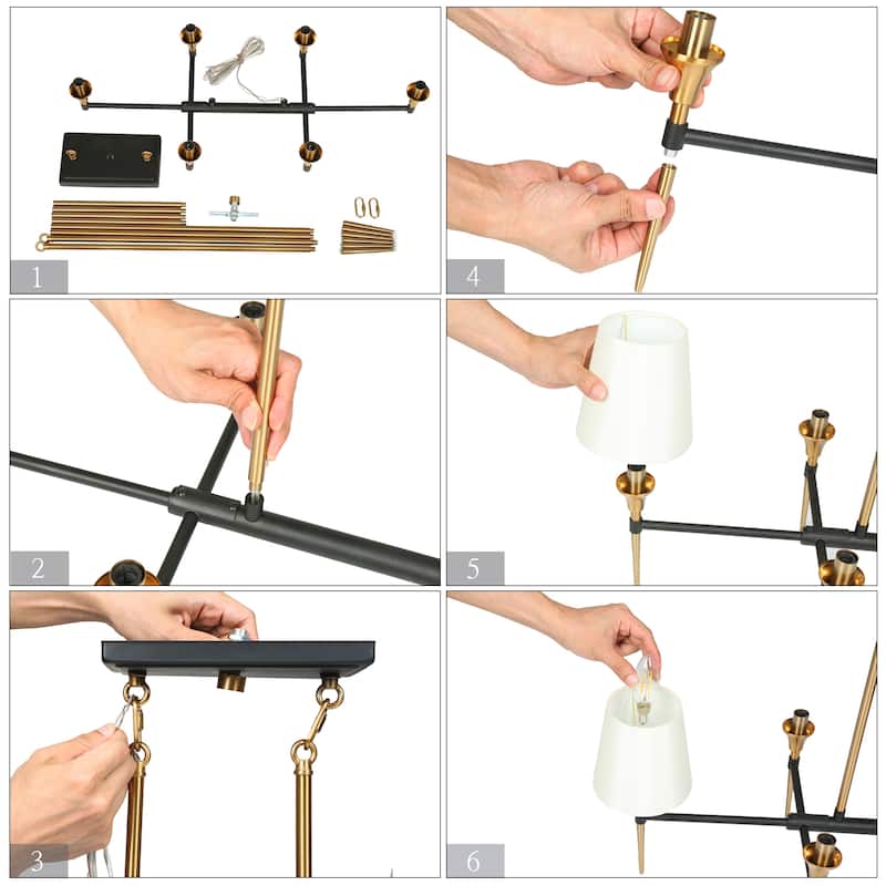 Modern Farmhouse Black Gold Linear Chandelier Mid-century 6-Light 31.5-inch Shaded Island Pendat - 31.5"* W 15.7" * H 12.2"