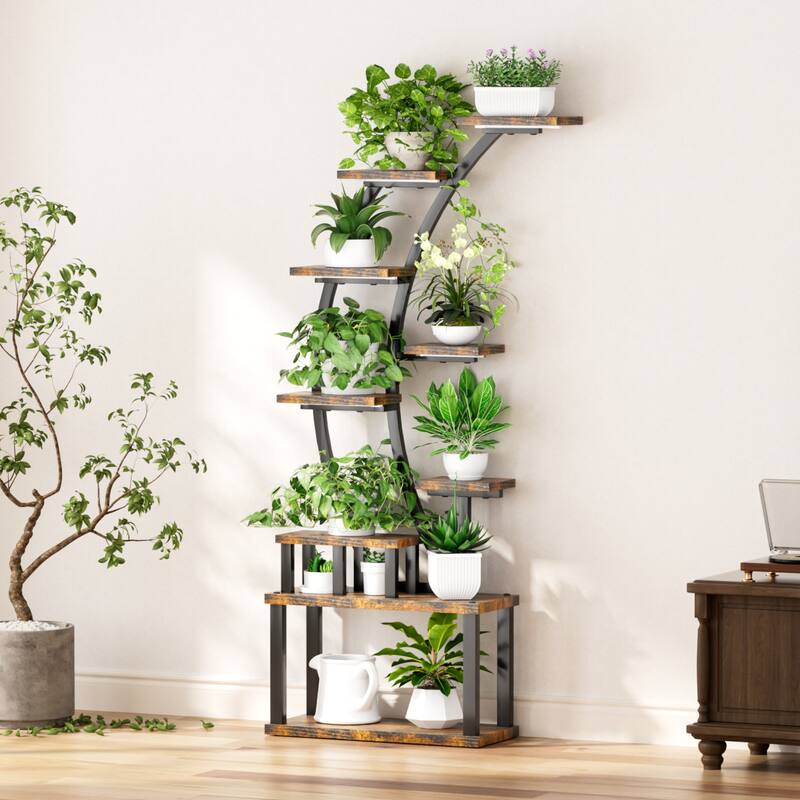 9-Tier Indoor Curved Design Plant Stand with Grow Lights Black Metal Frame and Particleboard Shelves - 20.6”L x 11.2”W x 63.5”H