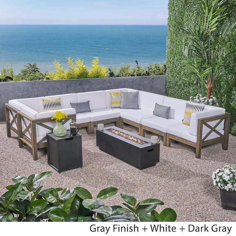 Thasos Outdoor Farmhouse Acacia Wood 8 Seater U-Shaped Sectional Sofa Set with Fire Pit by Christopher Knight Home