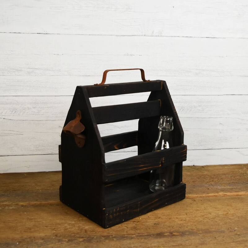 Wood and Tin Bottle Caddy Holder With Bottle Cap Opener - Brown