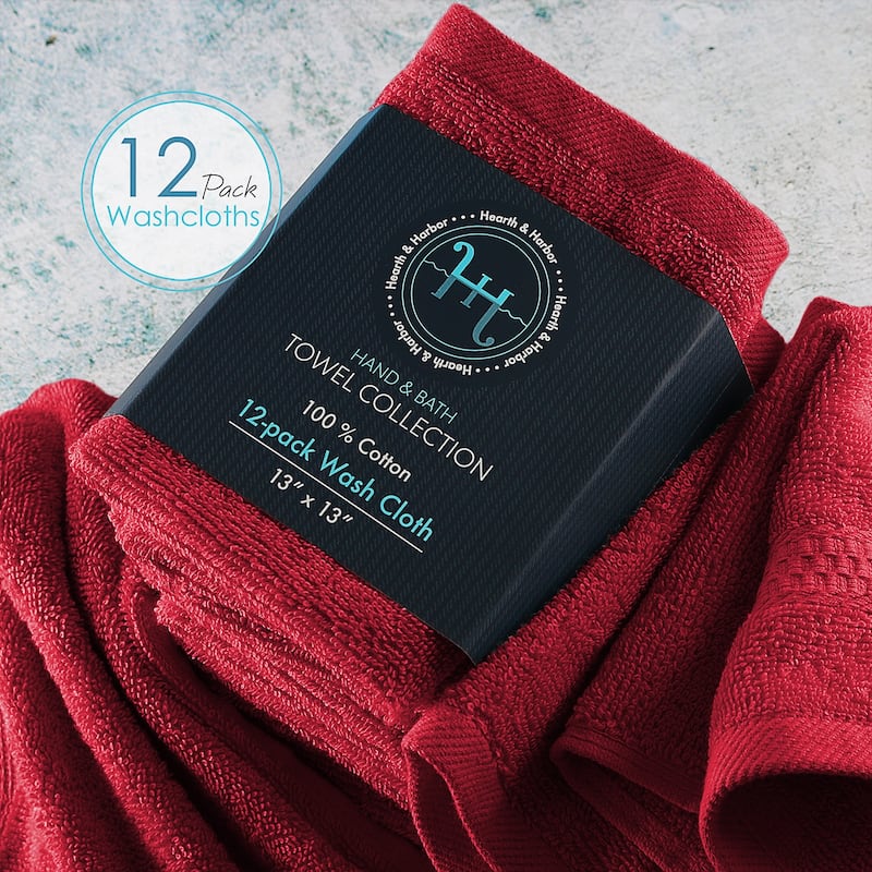 Hearth & Harbor 100 Percent Cotton Ultra Soft and Highly Absorbent Set of 12 Multipurpose Wash Cloths - 13 inches x 13 inches.