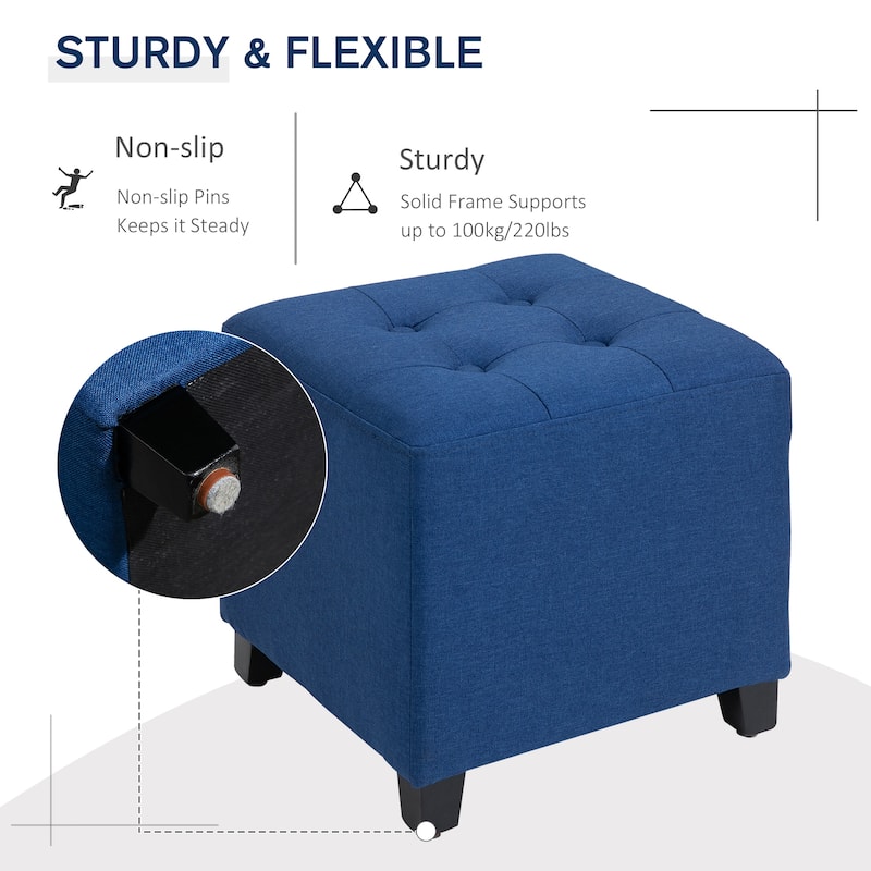 HOMCOM Tufted Ottoman Linen-Touch Fabric Upholstered Footrest Stool with Anti-Slip Pads