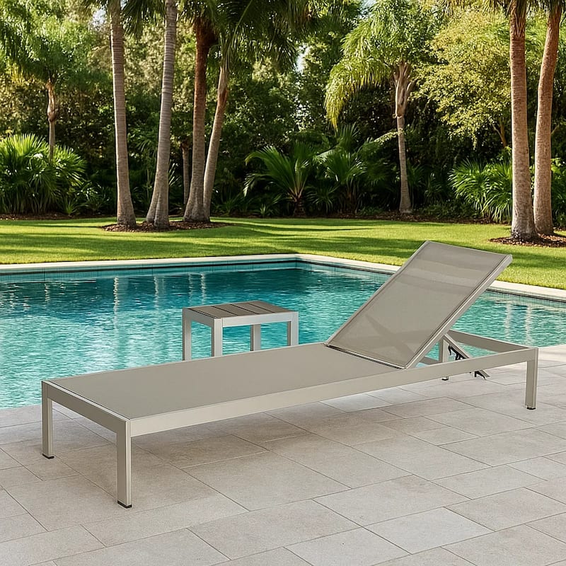 Metal Frame Adjustable Lounger with Side Table, Set of 2, Gray