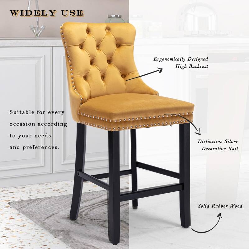 Contemporary Tufted Velvet Upholstered Counter Bar Stools Set of 2