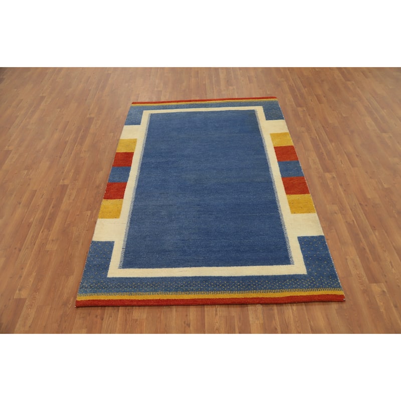 Hand Knotted Oriental 100% Wool Carpet Modern Geometric Navy Blue & Blues Gabbeh Area Rug - 7' 7'' X 5' 3''