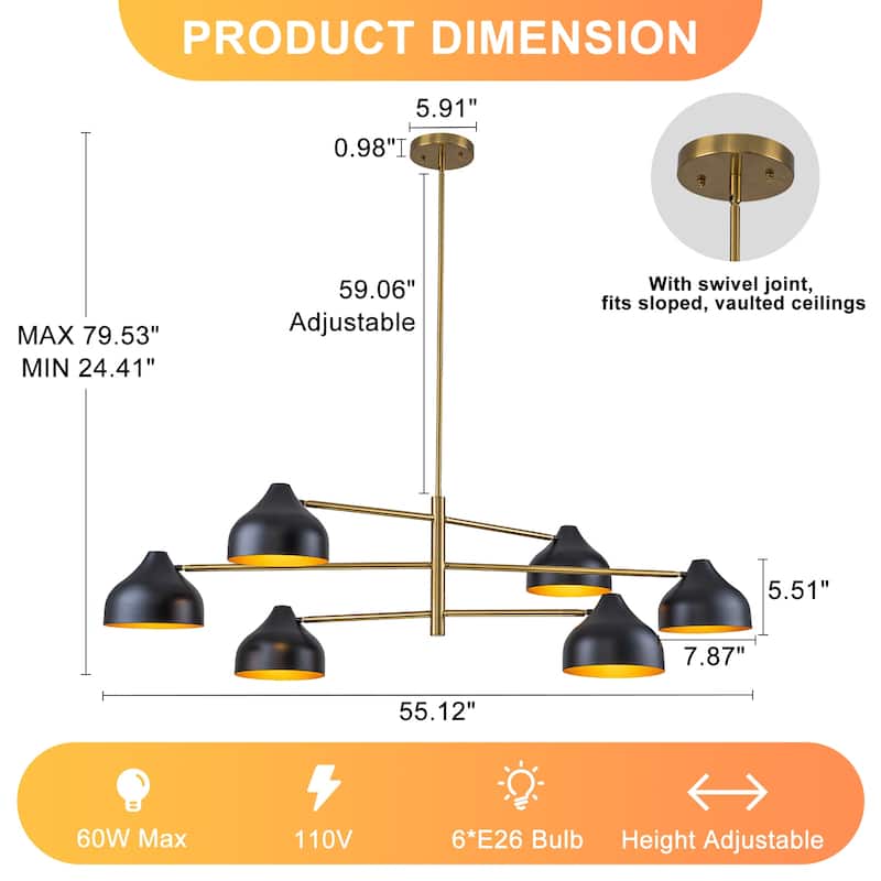 6-Light Mid-Century Matte Black & Gold Linear Chandelier Iron Shades - W 55.12-in