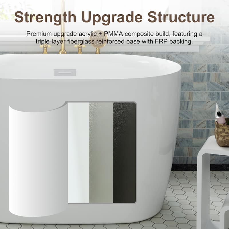 43 in. Freestanding Acrylic Japanese Soaking Bathtub, Oval Compact Space-Saving Design with Included Drainer