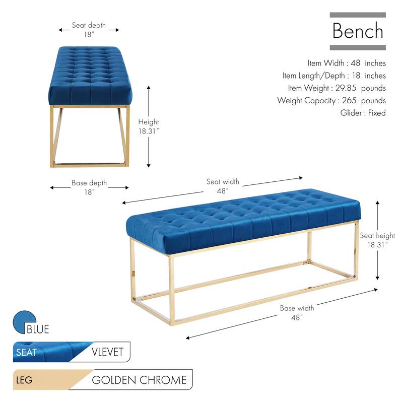 Porthos Home Wenn Tufted Velvet Bench with Gold Chrome Legs
