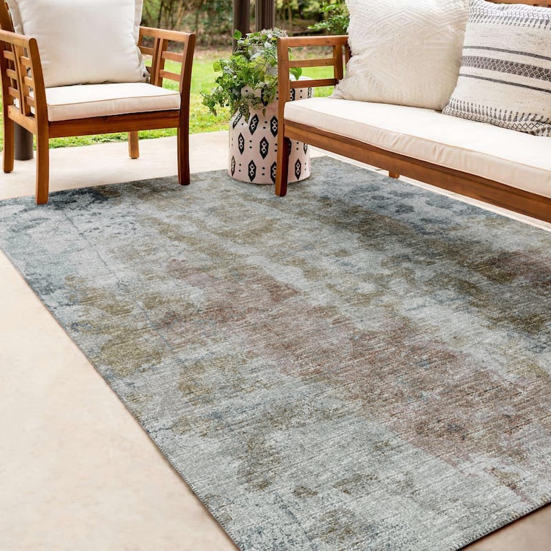 Indoor/ Outdoor Accord Abstract Polyester Washable Rug New - 5' x 7'6" - Seafoam and Gold