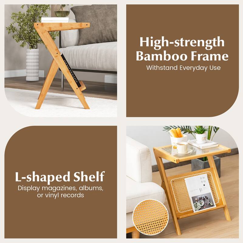 Gymax 2 Pieces Boho End Table with Magazine Rack Versatile Bamboo