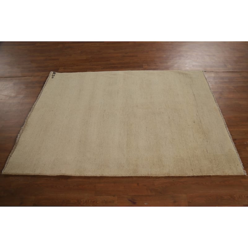 Solid Beige Gabbeh Modern Rug Hand-Knotted Wool Carpet - 4'1"x 5'8"