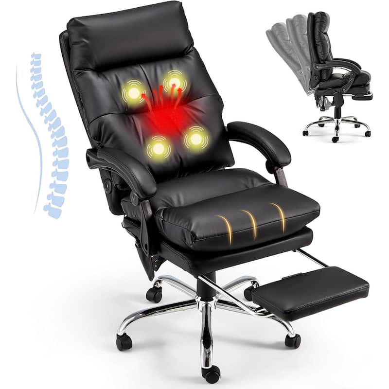 Massage Office Chair with Heat, Ergonomic Reclining Desk Chair with Footrest, Lumbar Support, Adjustable Arms - Black