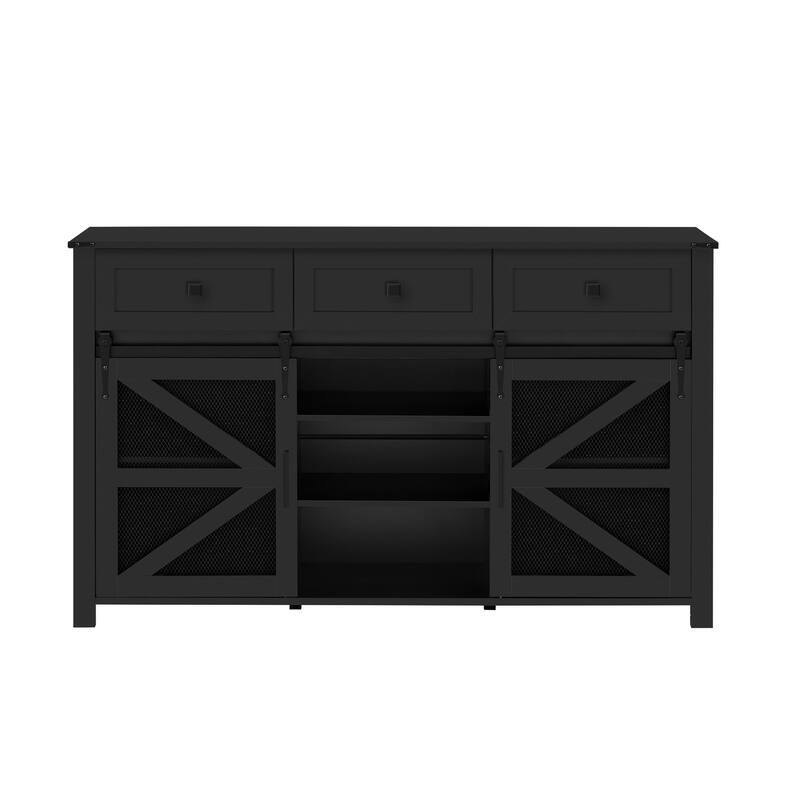 Sliding Barn Door Sideboard with 3 Drawers and Adjustable Shelves, Buffet Cabinet with Metal Mesh and Aluminum Handles