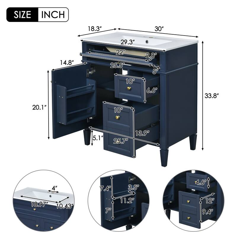 30 Inch Bathroom Vanity with Ceramic Top, 2 Storage Drawers, Tip-Out Tray, Solid Wood Frame Cabinet