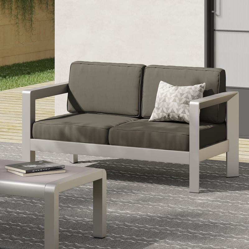 Roomfitters Aviara Outdoor Aluminum Loveseat with Deep Seating, Modern Silver Finish