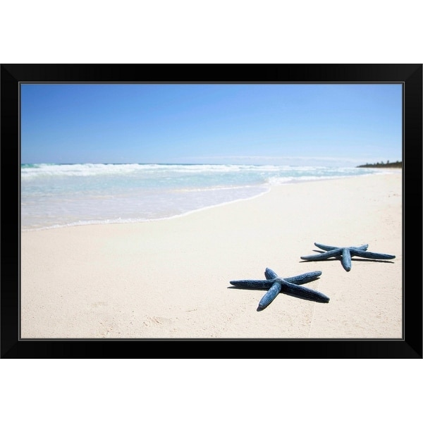 "Two blue starfish at water's edge on tropical beach, Riviera Maya" Black Framed Print