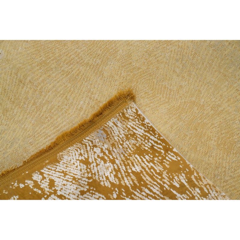 Machine Made Oriental Polyester Carpet Abstract Yellow & Gold Distressed Area Rug - 7' 5'' X 5' 2''