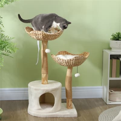 Cream White Cattail Cat Tree with Removable and Washable Cushion - 20.9" W x 16.5" D x 37.4" H