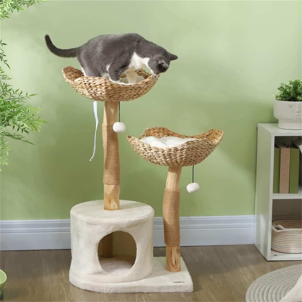 Cream White Cattail Cat Tree with Removable and Washable Cushion - 20.9" W x 16.5" D x 37.4" H