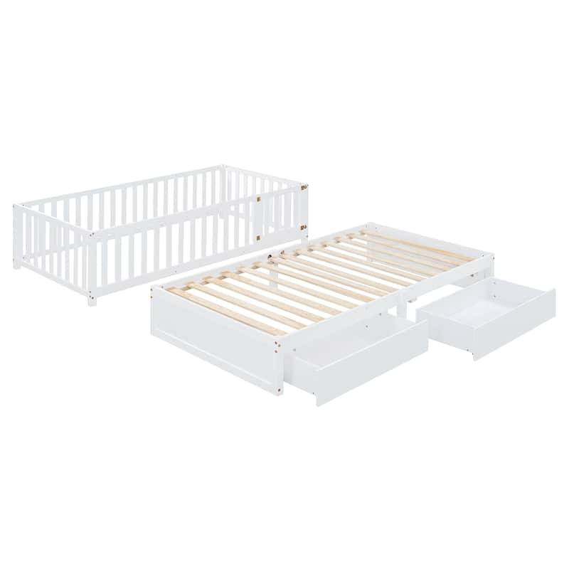 Twin Size Convertible Wood Daybed & Floor Bed with Fence Guardrails and 2 Drawers