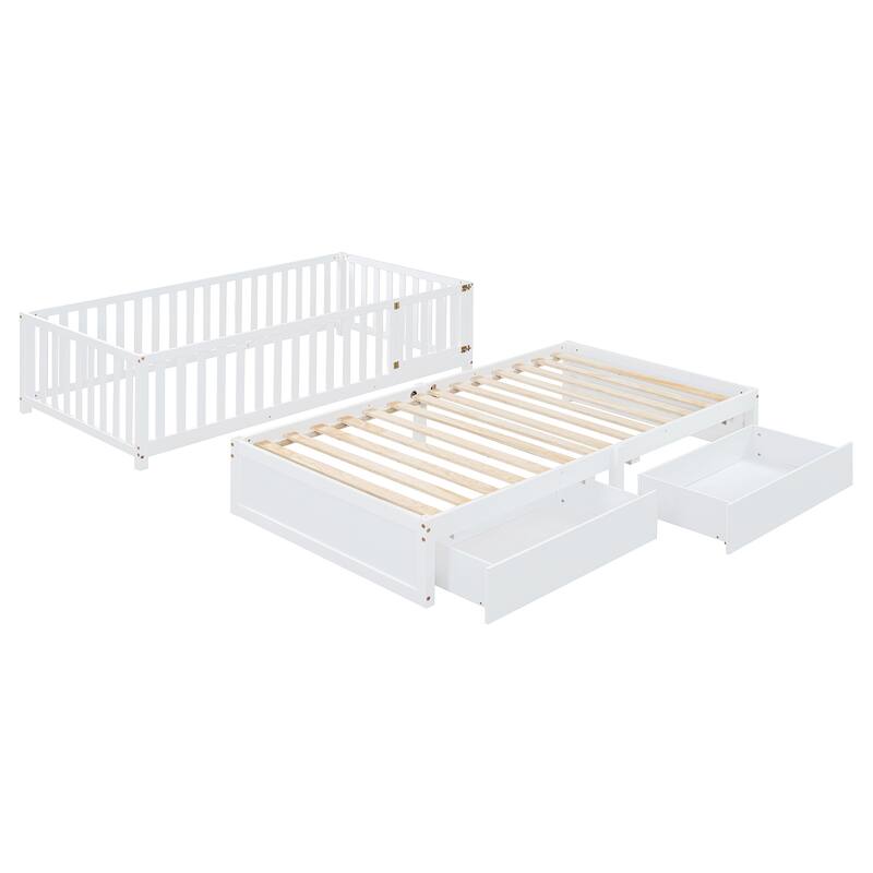 Twin Size Wood Daybed with Guardrails and Drawers, Convertible to Floor Bed, White