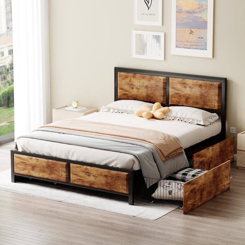 VECELO Upholstered Full/Queen Size Brown Platform Bed Frame with 4 Storage Drawers and Headboard - Queen
