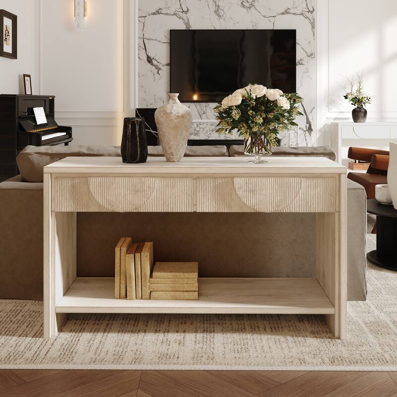 55" Farmhouse Style Console Table with 2 Storage Drawers and Open Shelf