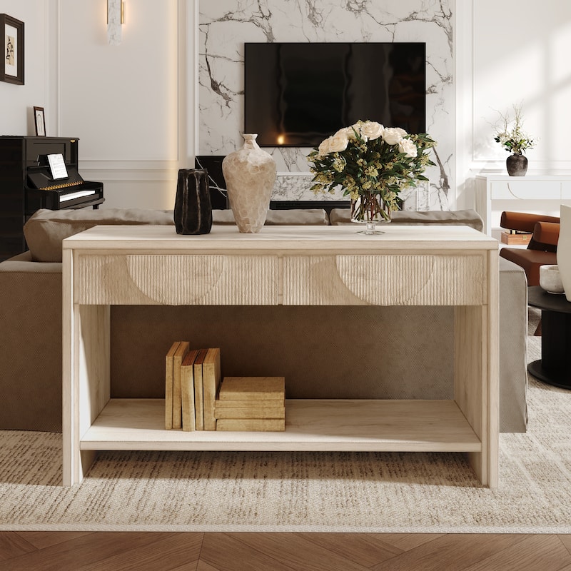 Farmhouse Style Console Table - 55.12" Long Distressed Wood Sofa Table with Storage Drawers & Open Shelf - White
