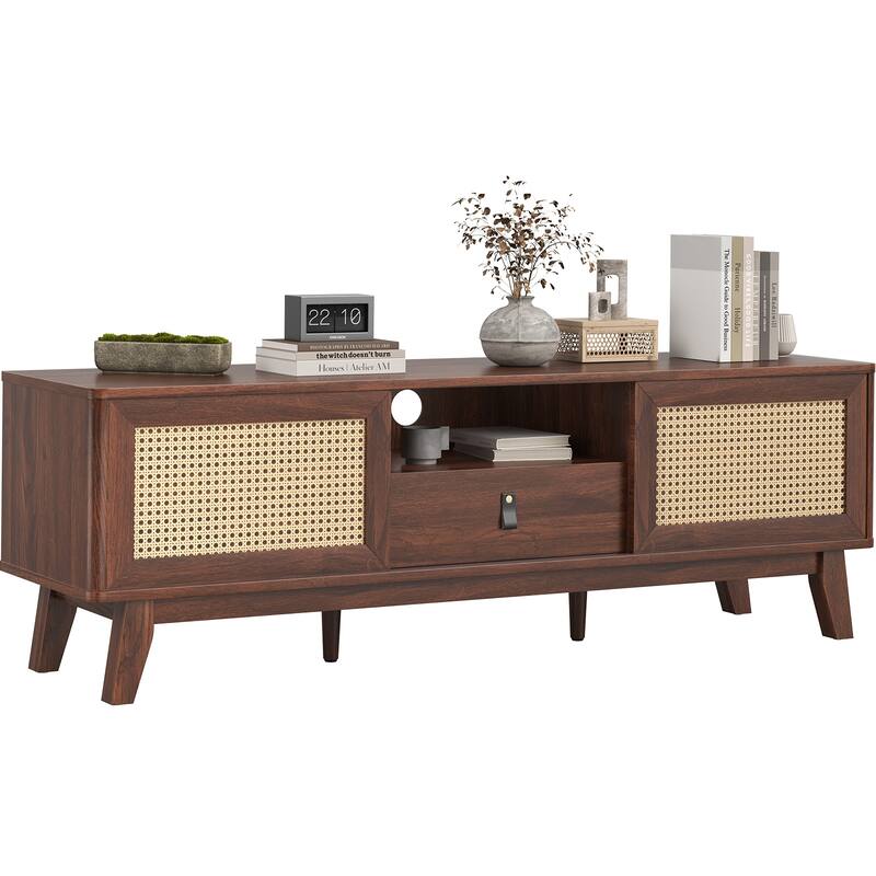 Rattan TV Stand for TVs, Wood TV Stand Mid Century Modern TV Stand TV Media Console with Drawer and 2 Cabinets - Walnut