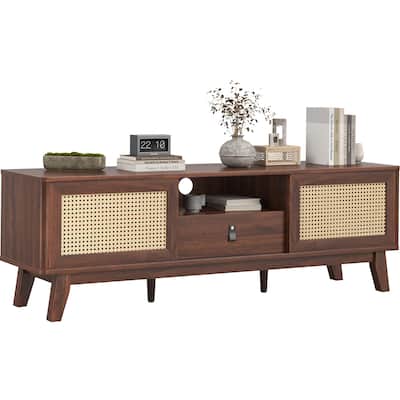 Rattan TV Stand for TVs, Wood TV Stand Mid Century Modern TV Stand TV Media Console with Drawer and 2 Cabinets