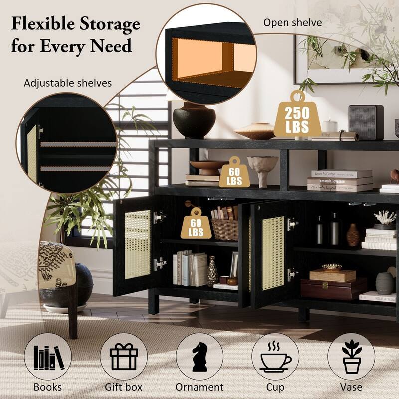 60" Bohemian Rattan Buffet Storage Cabinet with Adjustable Shelves for Functional Home Organization