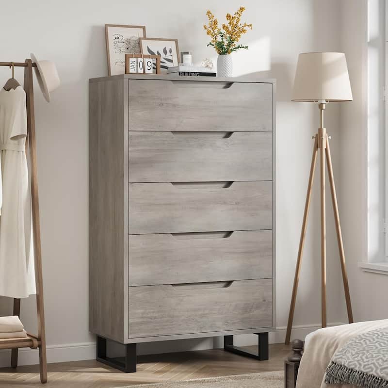5-Drawer Dresser for Bedroom, 50" Tall Freestanding Vertical Wooden Chest Storage - Grey