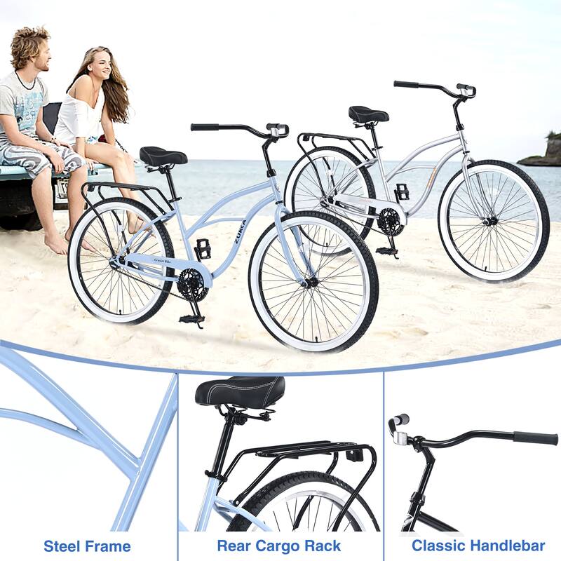 Single Speed Bicycles 26"Inch,Steel Frame, Wide Wheels For Stability,Multiple Colors Men'S Beach Cruiser Bike