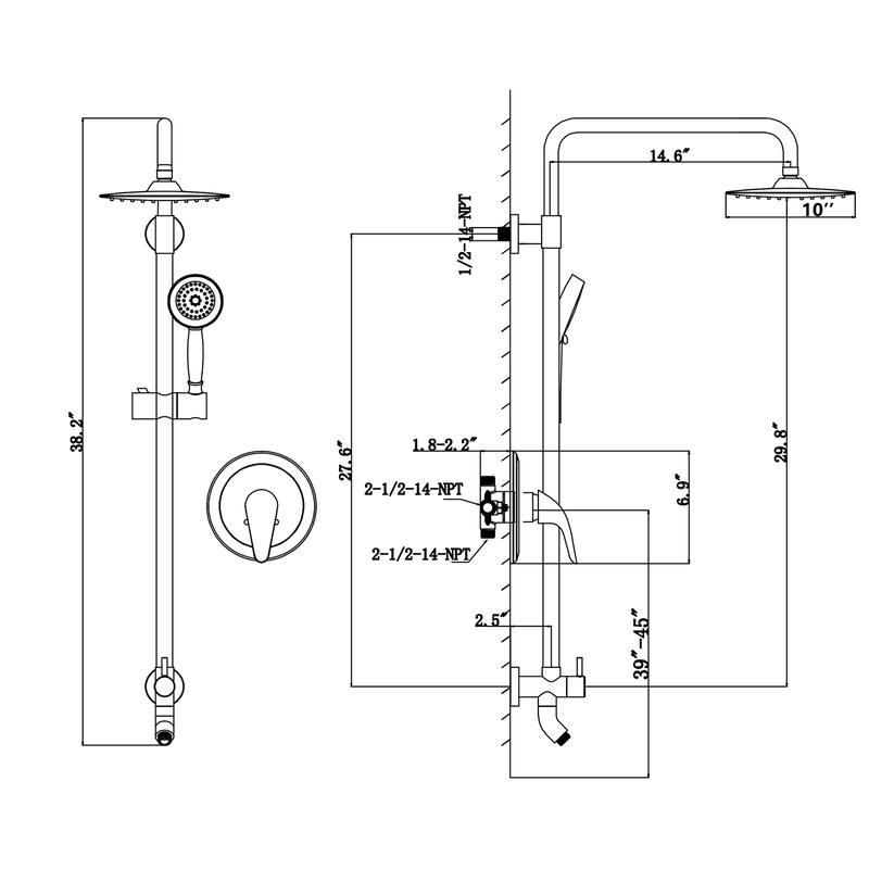 Wall Mounted Rain Showerhead and Hand Shower System with Adjustable Slide Bar (Rough-in Valve Included)