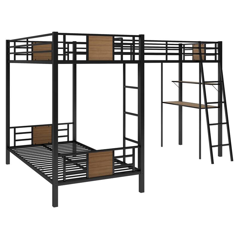 L-Shaped Twin over Twin Bunk Bed with Built-in Desk & Shelf, for 3 Kids, Metal Bunk Bedframe with Twin Size Loft Bed w/Guardrail