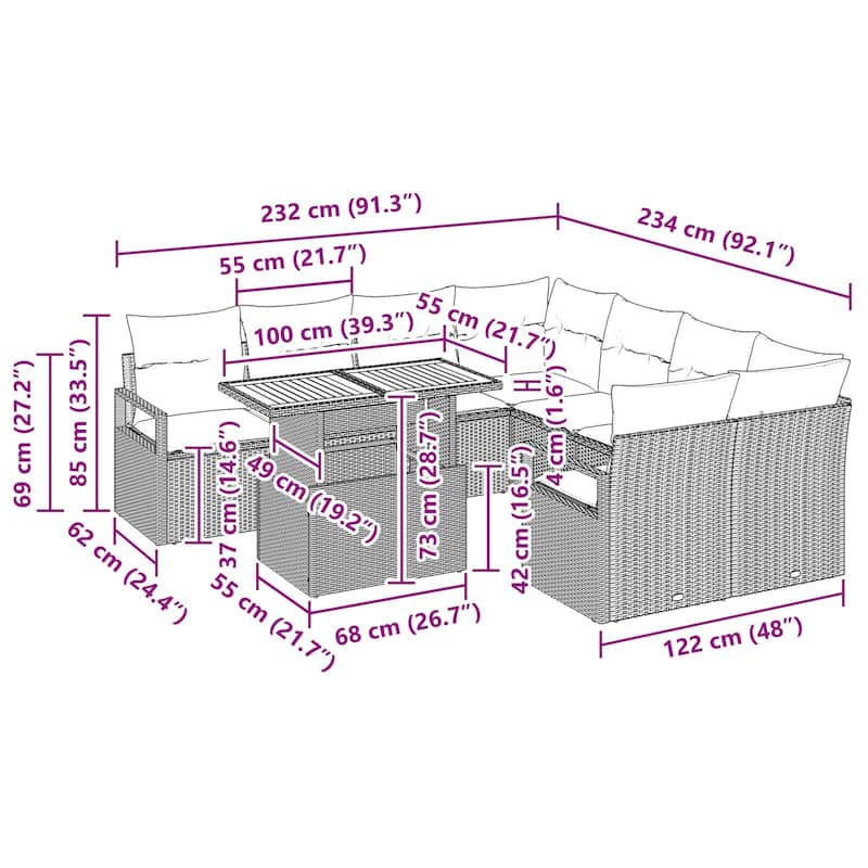vidaXL 9 Piece Garden Sofa Set with Cushions - 91.3×92.1×27.2