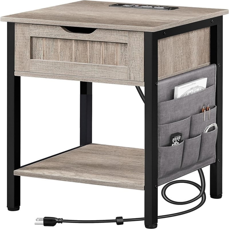 Nightstand with Charging Station - Grey